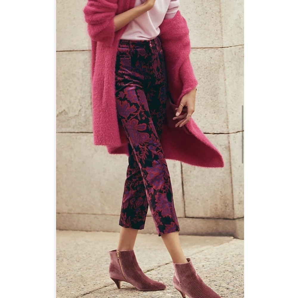 Anthropologie The Essential Slim Velvet Trouser Size 0 Purple/Red Cropped 80s